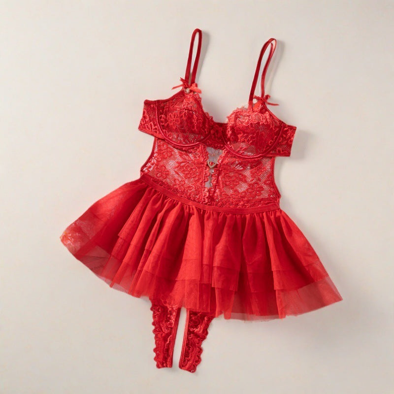 Heart Accessory Lace Detachable Sexy Dress Two-piece Set