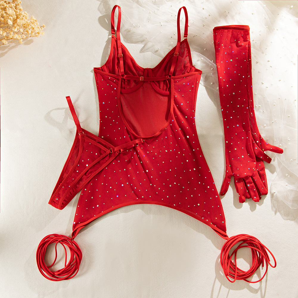 Sequined Sexy Mesh Temptation Dress Four-piece Set