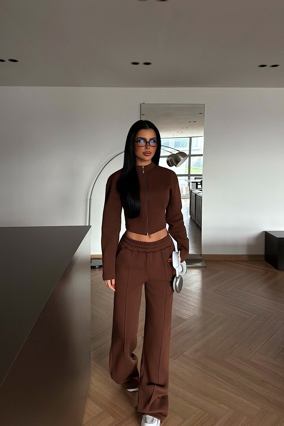 Stylish Solid Color Zip-up Cardigan and Wide-leg Pants Casual Suit