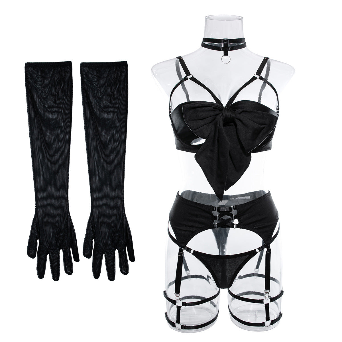 Sexy Ribbon Bowknot Exposing Breast Uniform with Gloves Four-piece Set