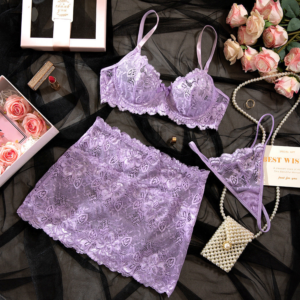 Sexy Light Purple Lace See-through Steel Ring Gathered Hip Skirt Three-piece Set