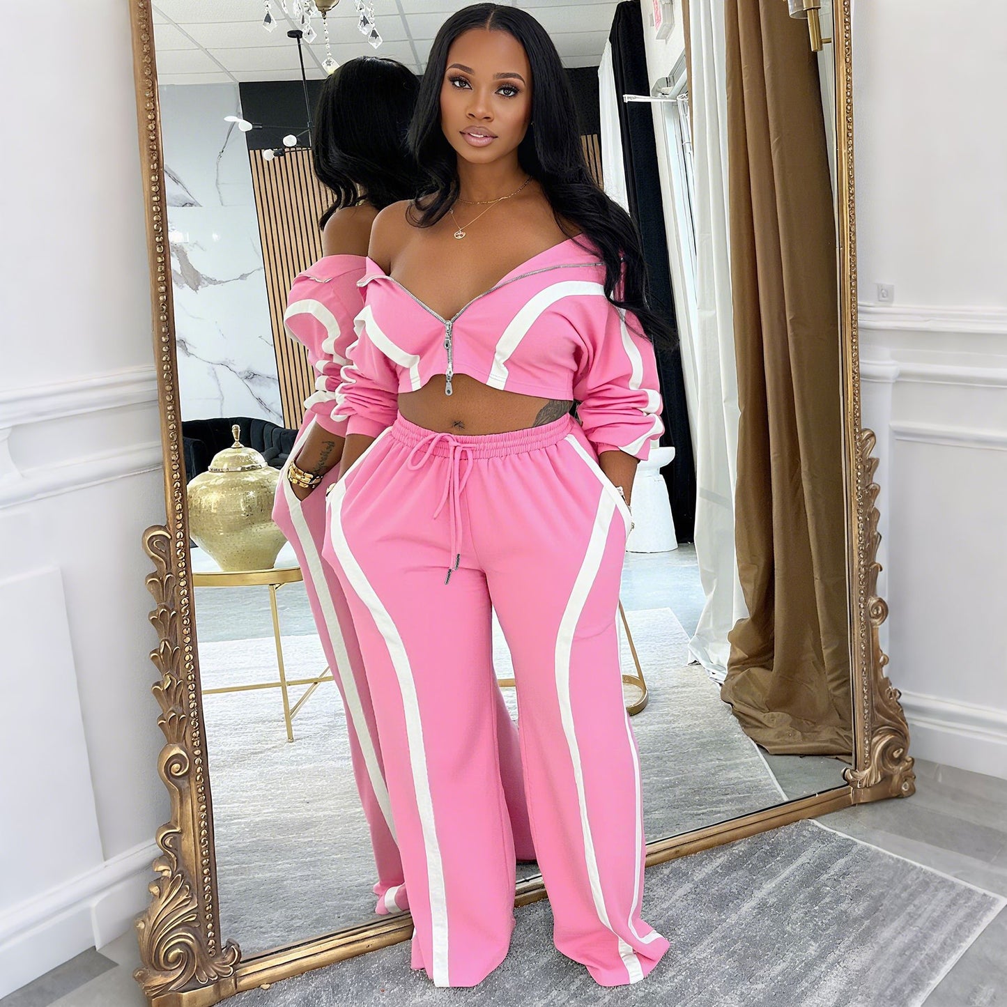 Stylish and Casual Color-blocked Long-sleeved Cardigan Tracksuit
