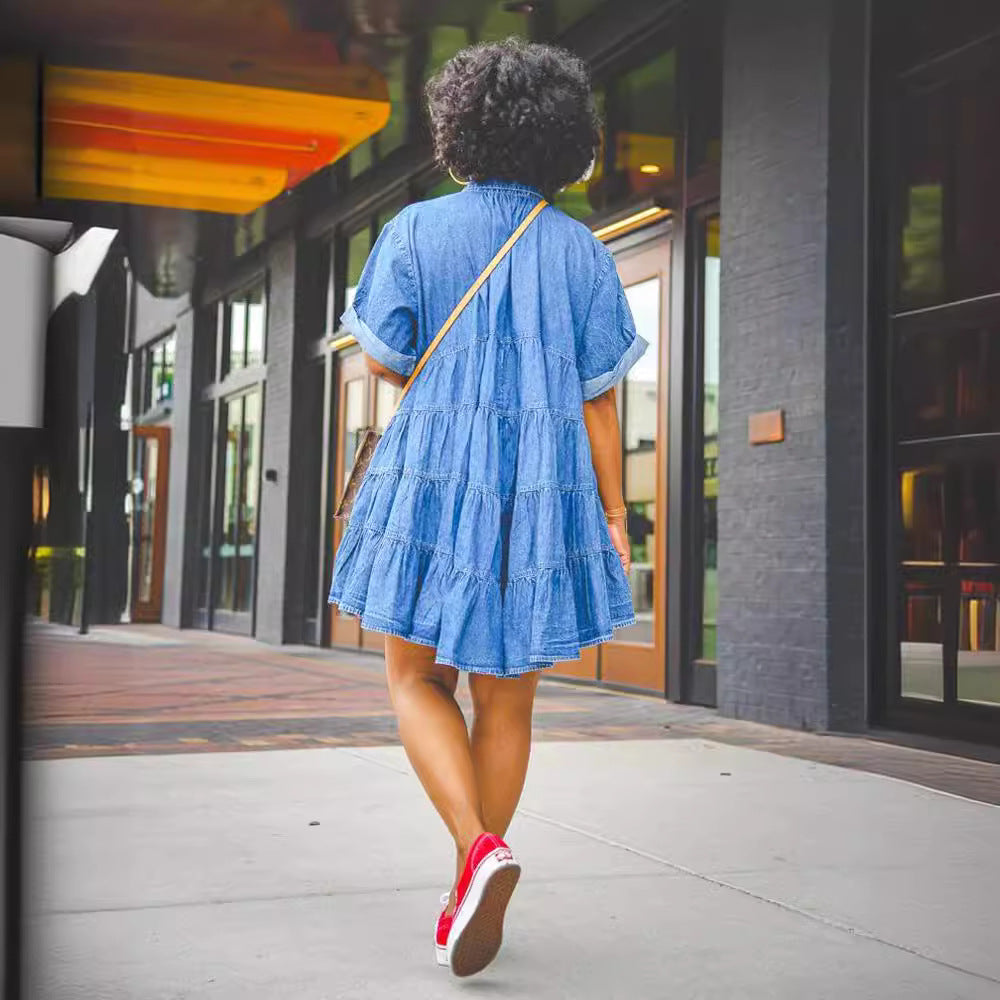 Short-sleeved Lapel Single-breasted Multi-button Casual Denim Dress