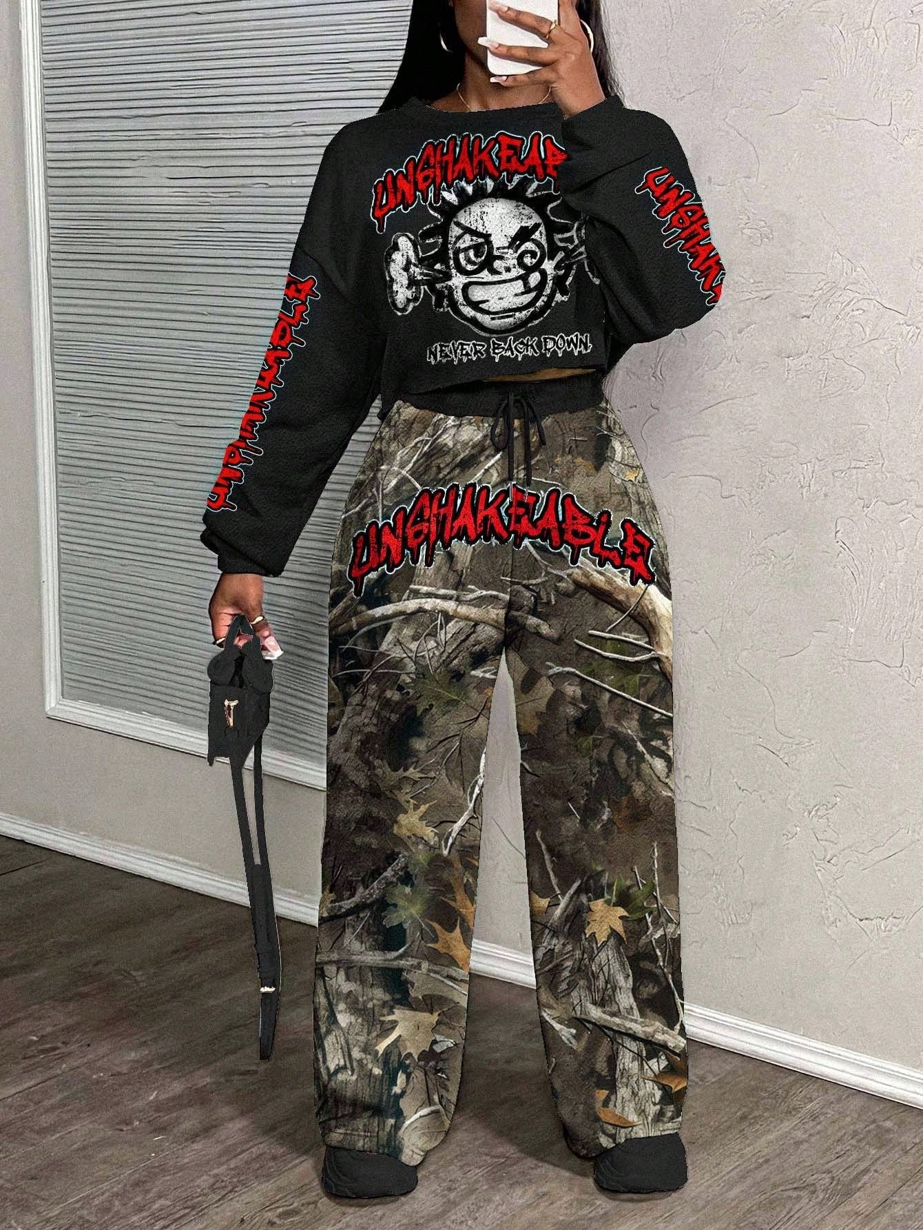 Casual Letter Print Crew Neck Sweatshirt and Pants Set
