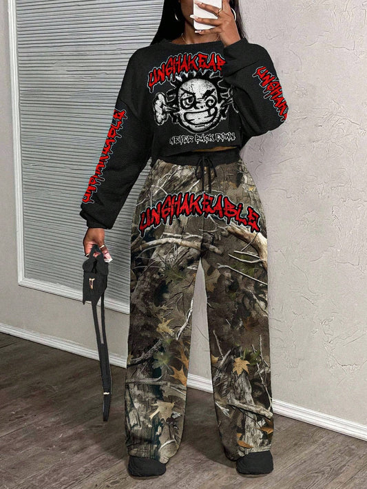 Casual Letter Print Crew Neck Sweatshirt and Pants Set