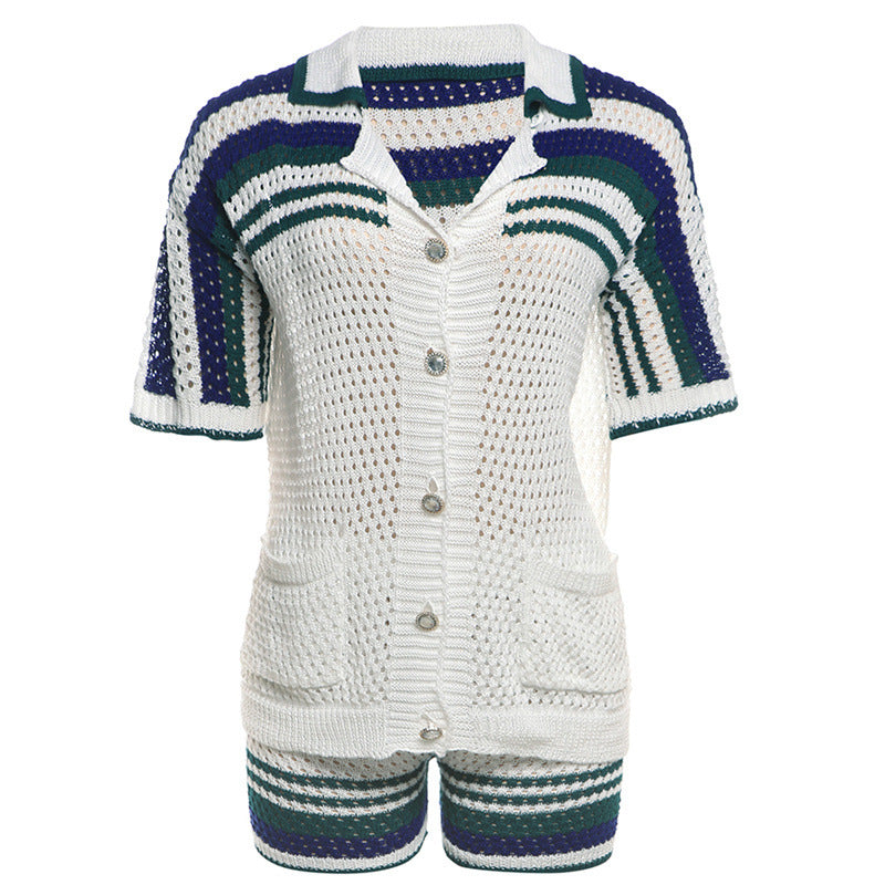 Knitted Lapel Striped Cardigan High Waist Shorts Casual Suit