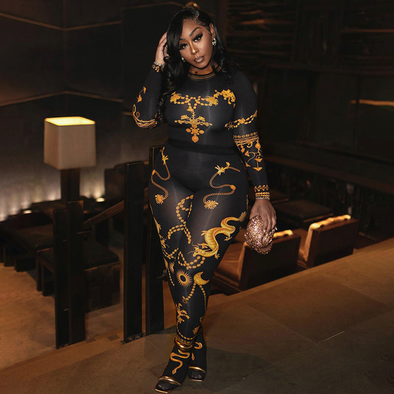 Fashion Printed Long Sleeve Round Neck Top and Pants Set