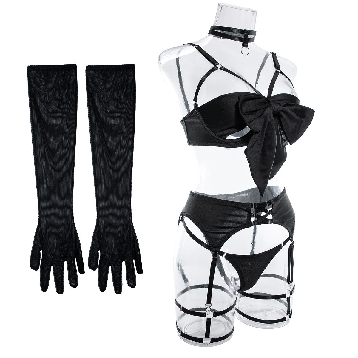 Sexy Ribbon Bowknot Exposing Breast Uniform with Gloves Four-piece Set