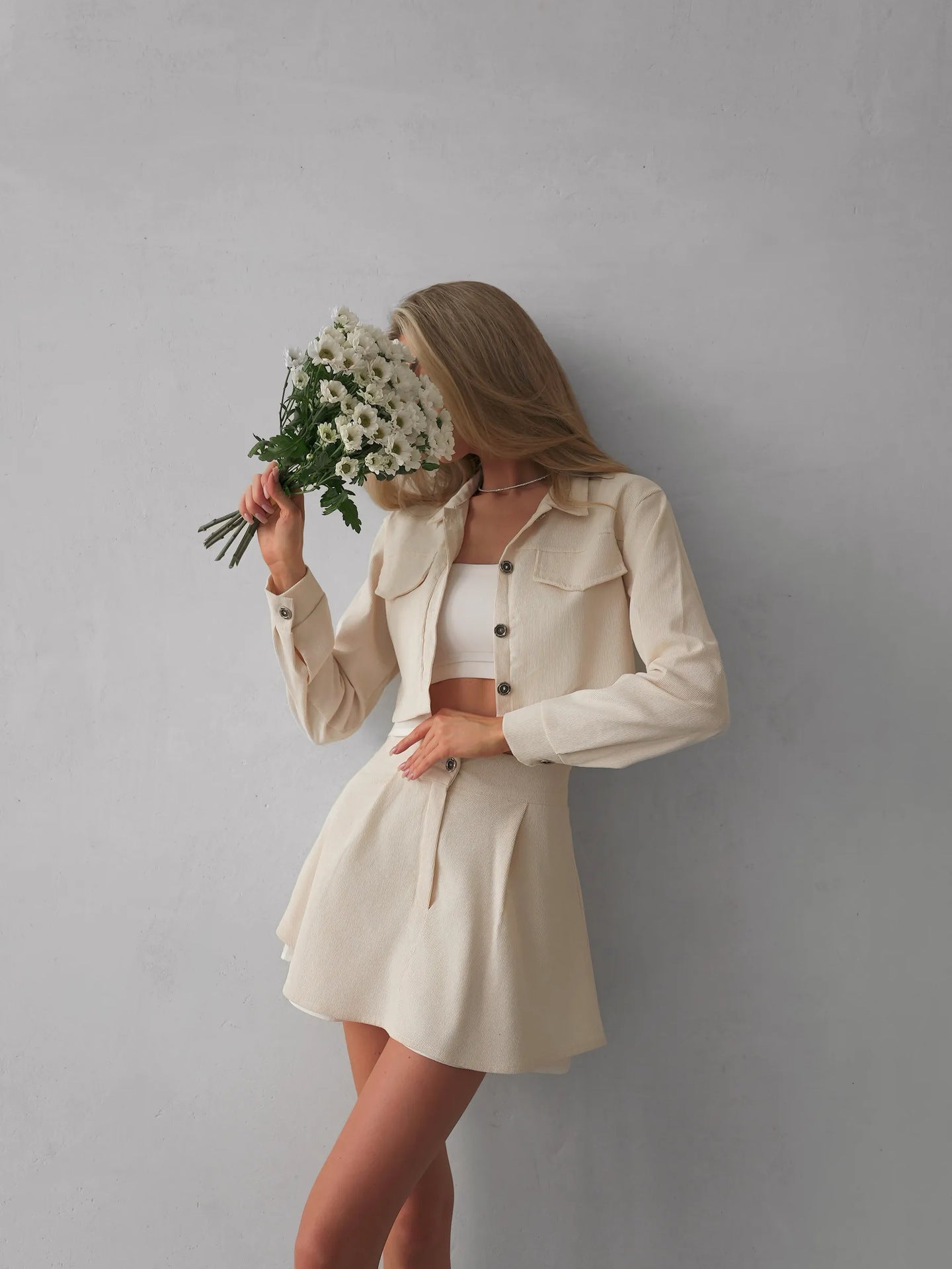 Faux Two-piece Spliced top and High-waisted A-line Skirt and Pants Set