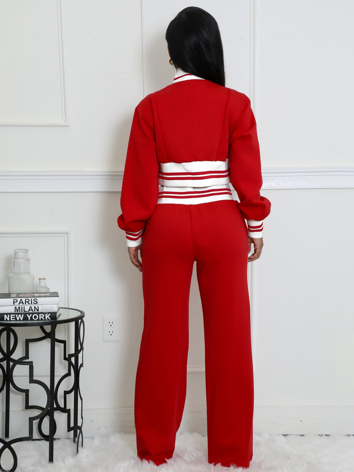 Double-layer Ribbed Contrast Wide-leg Pants Suit