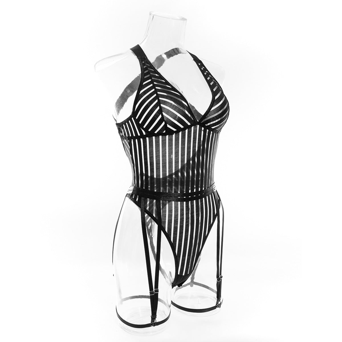 Sexy Striped Cross Strap Bodysuit Two Piece Set