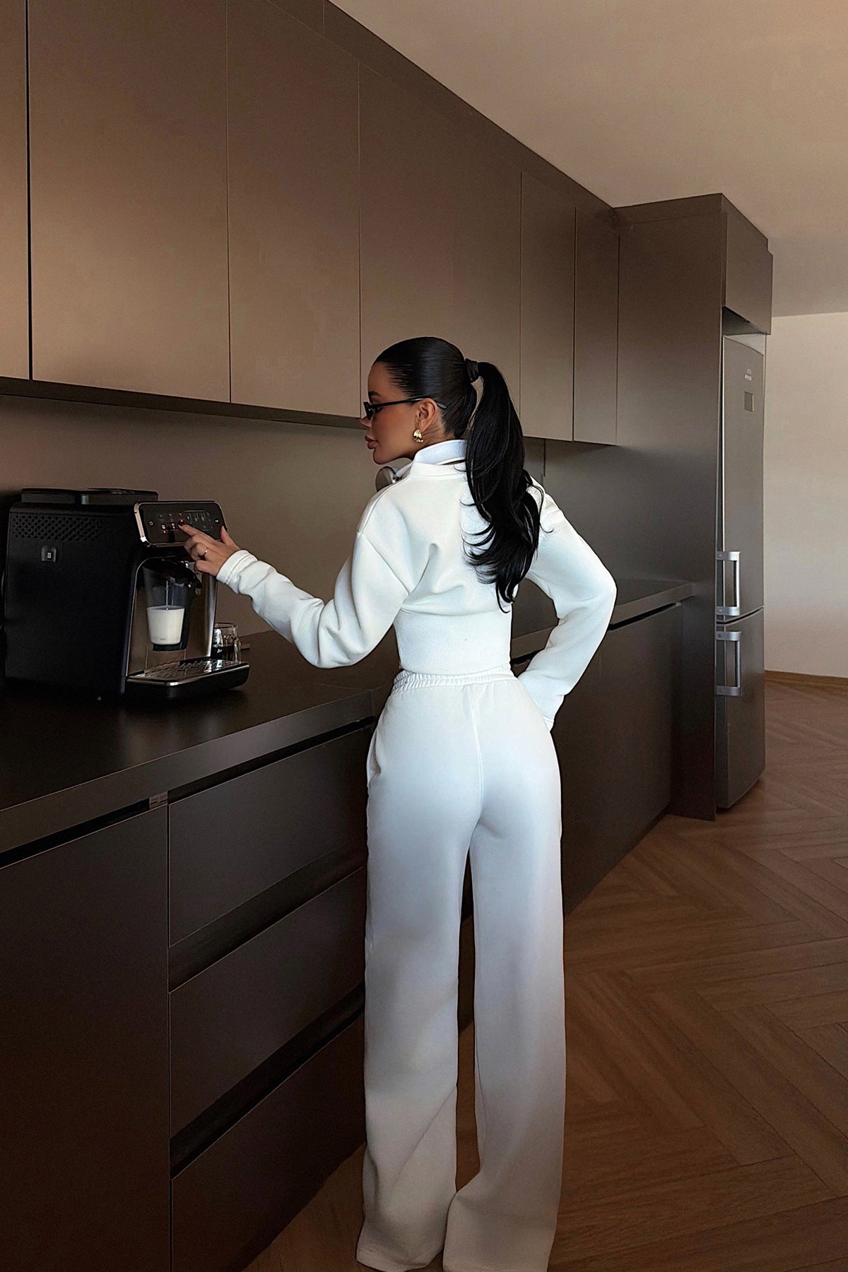 Stylish Solid Color Zip-up Cardigan and Wide-leg Pants Casual Suit