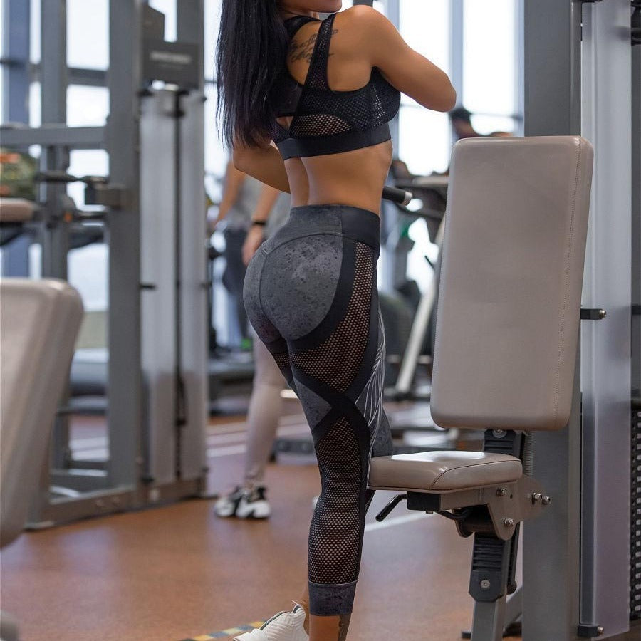 Cool Print Mesh Two-Piece Bra Leggings Sports Fitness Set