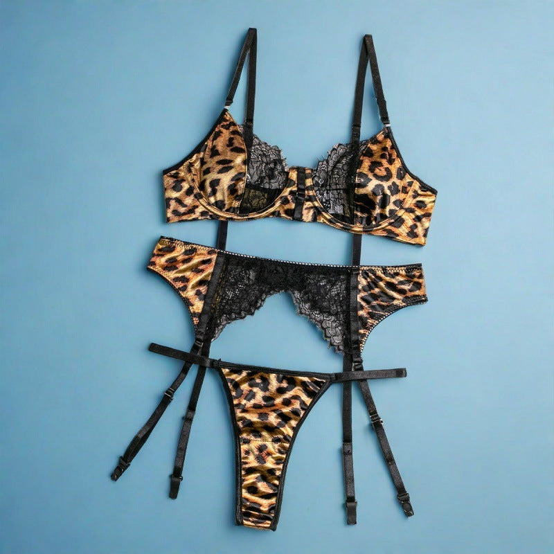 Sexy Wild Leopard Print Waist Bodysuit Upper Body Steel Ring Gathered Lace Three-piece Suit