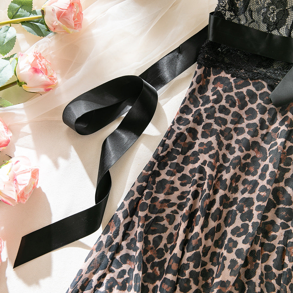 Lace Leopard Print See-through Lace-up Sexy Nightdress