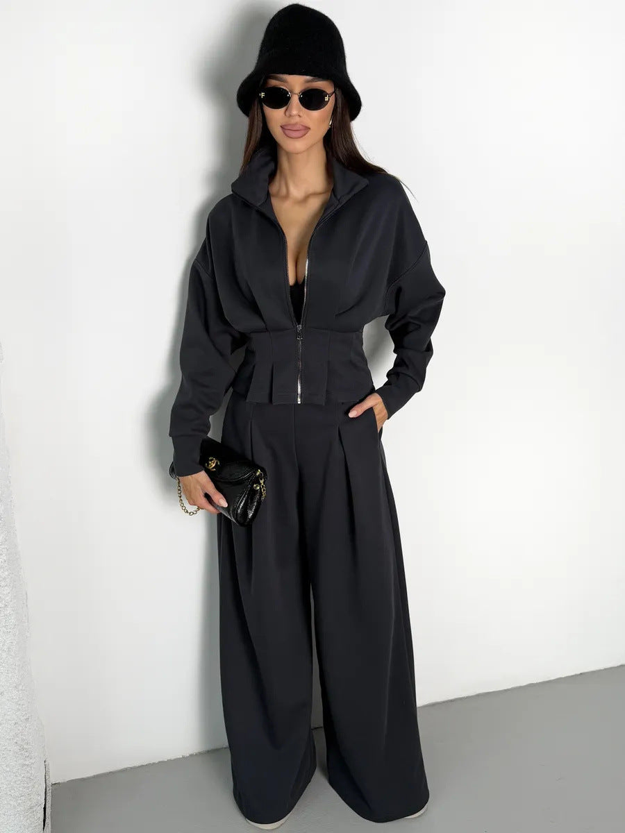 Stand-up Collar Long-sleeved Belted Sweatshirt and Casual Pants Set
