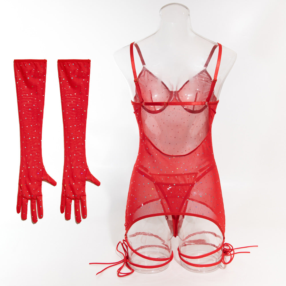 Sequined Sexy Mesh Temptation Dress Four-piece Set