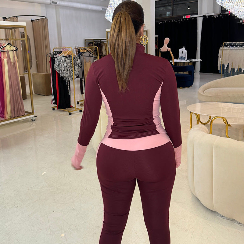 Contrast Color Stitching Zip-up Lapel Cardigan Tight High Waist Suit