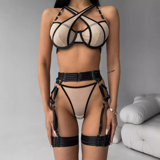 Sexy Cross Bra Suspender Mesh Waist Corset Bodysuit Set