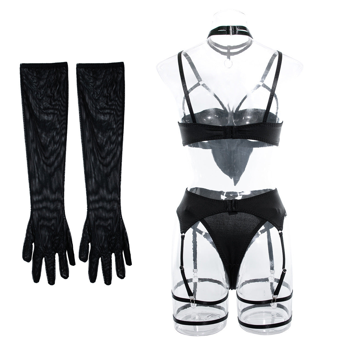 Sexy Ribbon Bowknot Exposing Breast Uniform with Gloves Four-piece Set