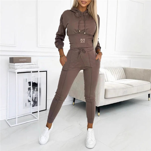 Waist-cinching Hooded Top and Trousers Casual Sportswear Set