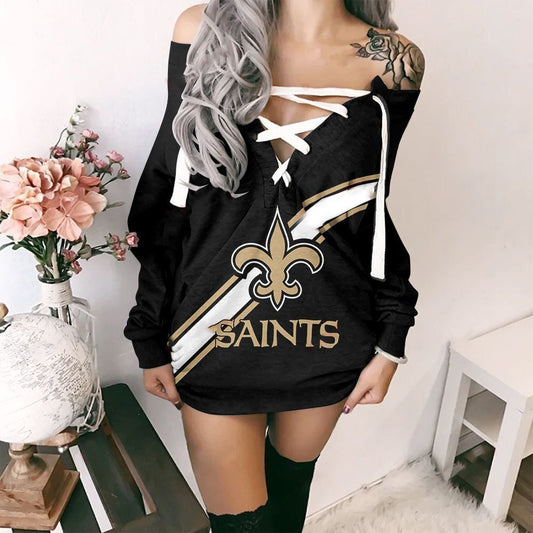 New Orleans Saints Printed Lace-up V-neck Off-shoulder Hip Dress
