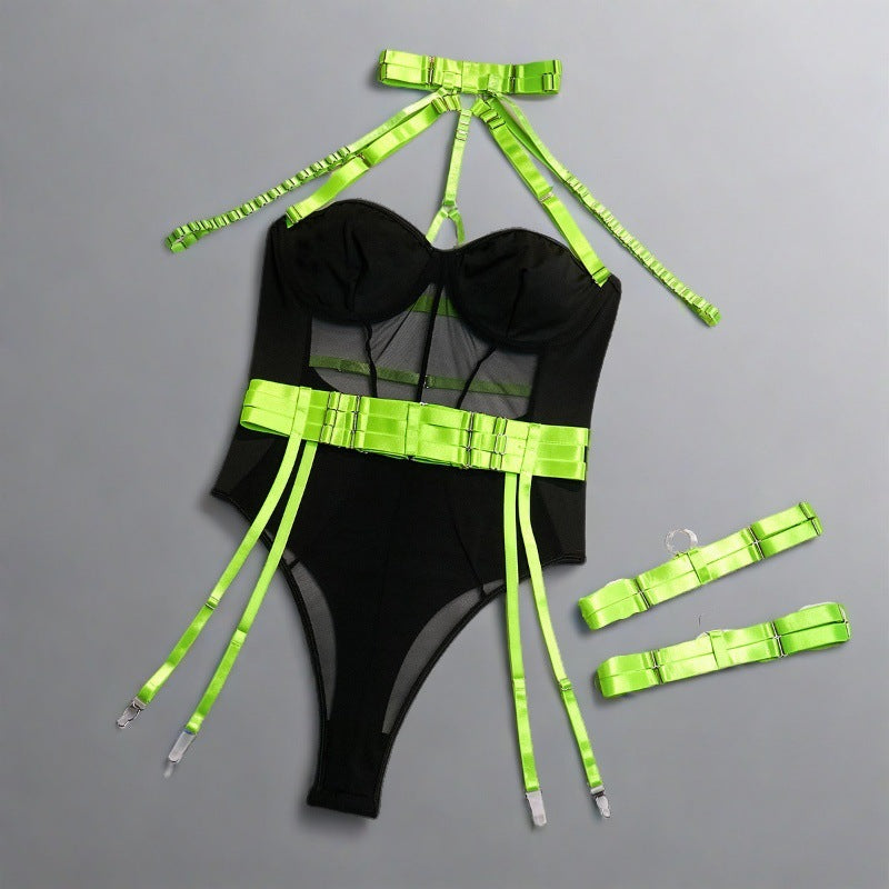 Sexy Fluorescent Green Scarf Strap Shawl Transparent Mesh Steel Ring Gathered Comfortable Jumpsuit