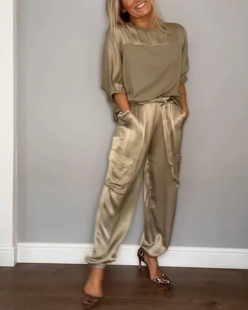 Fashionable Mercerized Satin Short Sleeve Top and Pants Set