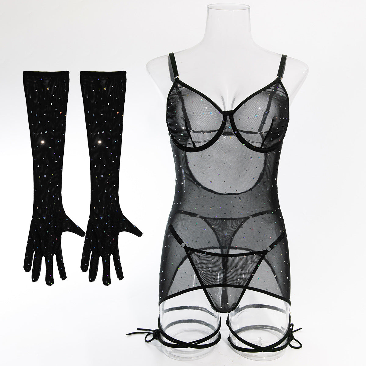 Sequined Mesh Transparent Steel Ring Gathered Leggings Rope Dress + Gloves