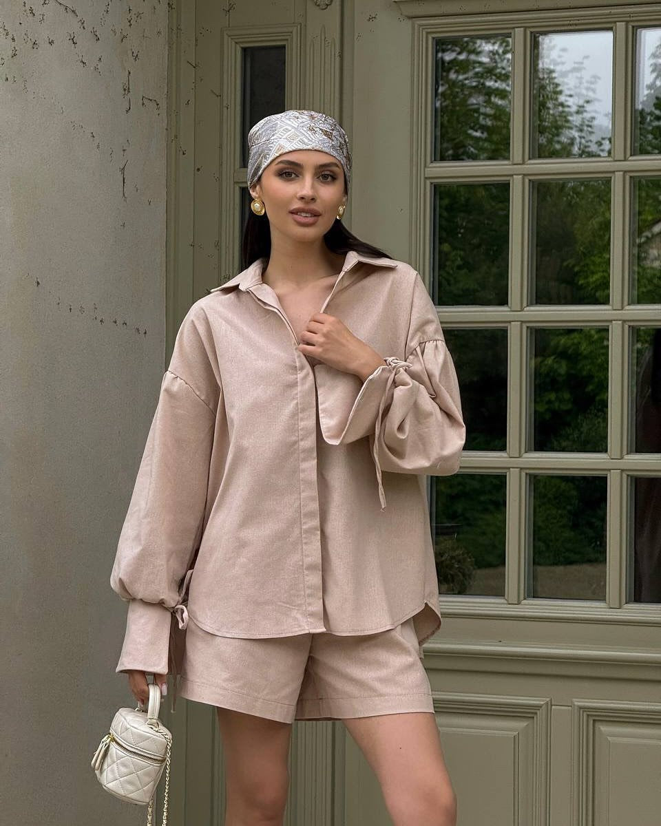 Collared Loose Long-Sleeved Shirt and Wide-Leg Shorts Casual Suit