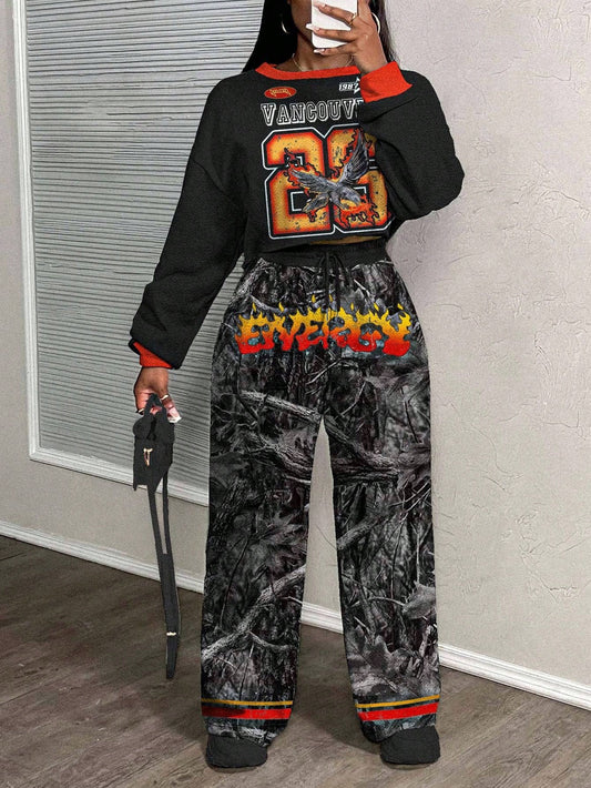 Casual Letter Print Crew Neck Sweatshirt and Pants Set