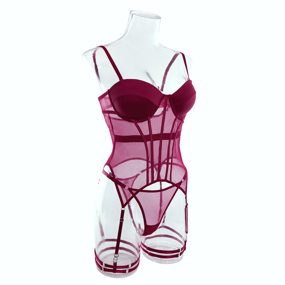 Sexy Gathered Split Leg Ring Mesh Bodysuit Three-piece Set