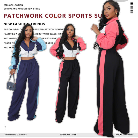 Long-sleeved Turtleneck Color-blocked Short Jacket and Wide-leg Pants Tracksuit
