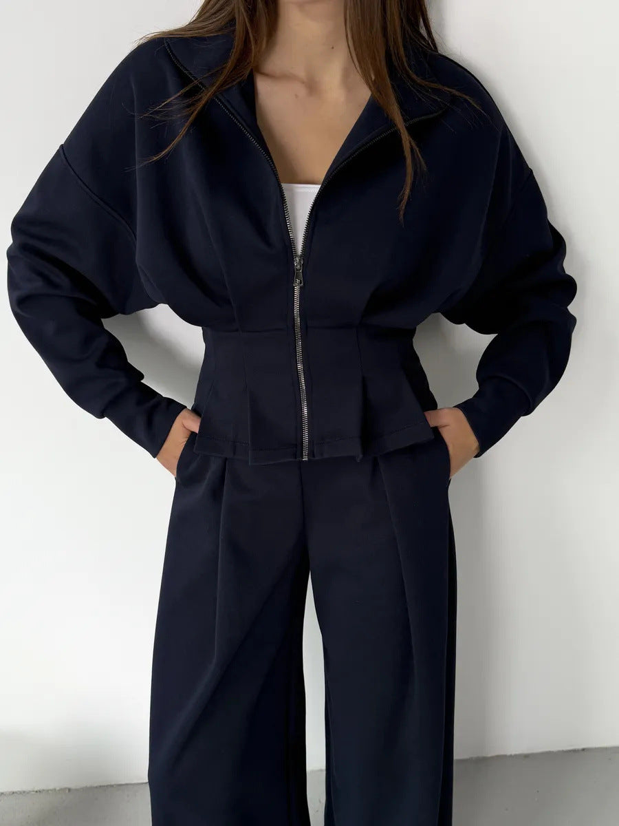 Stand-up Collar Long-sleeved Belted Sweatshirt and Casual Pants Set