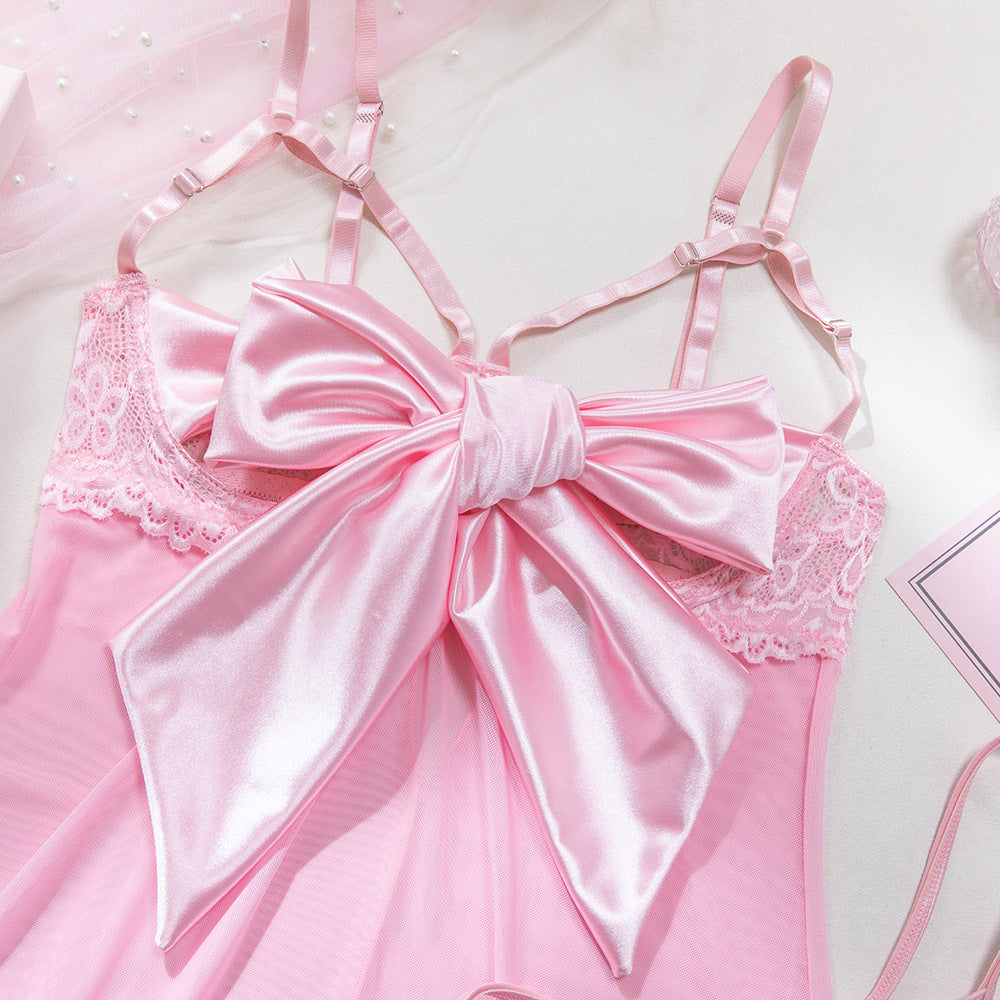 Sexy Transparent Mesh Underwire Gathered Bowknot Dress