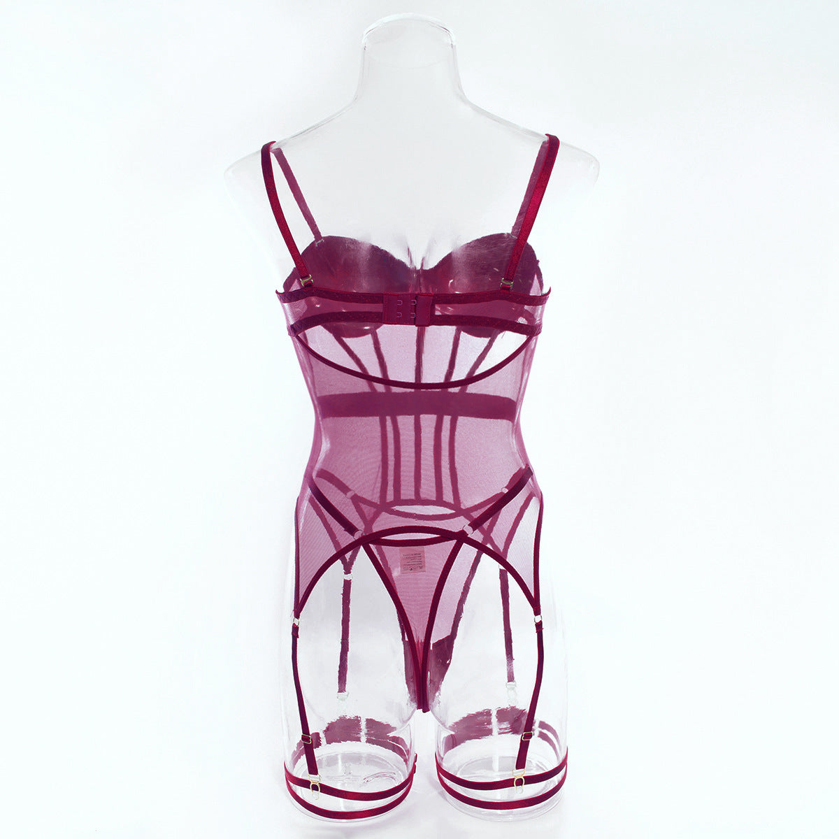 Sexy Gathered Split Leg Ring Mesh Bodysuit Three-piece Set