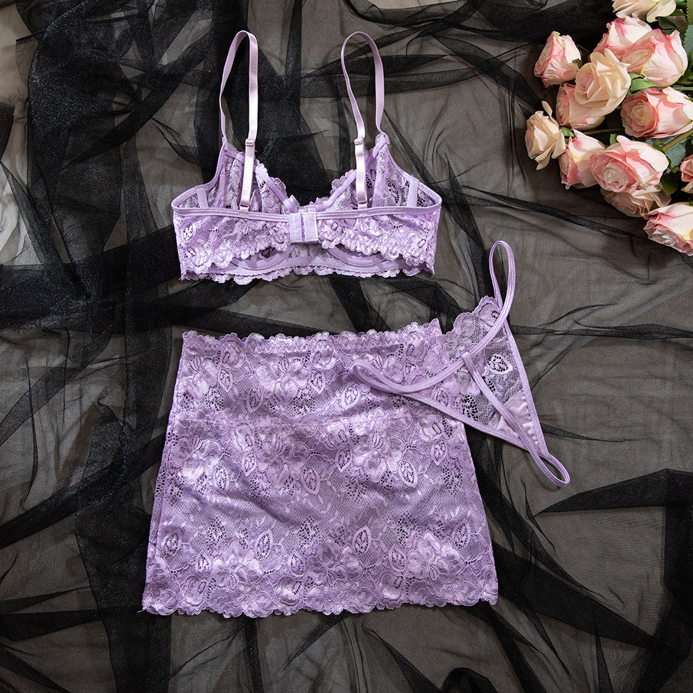 Sexy Light Purple Lace See-through Steel Ring Gathered Hip Skirt Three-piece Set