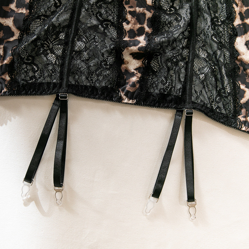 Sexy Lace Leopard Print Stitching Underwire Gathered Halter Neck Dress