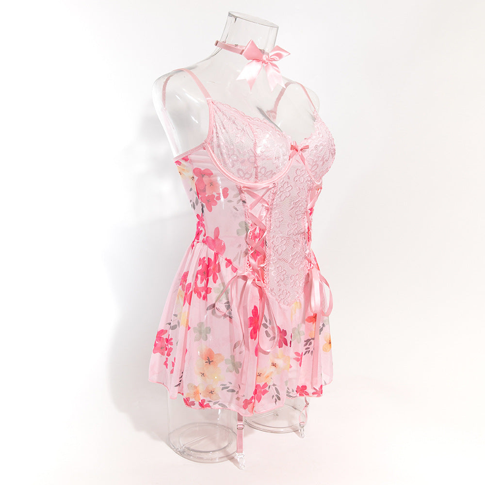 Sexy Lace Floral Mesh Printed Underwire Gathered Bowknot Neck Dress