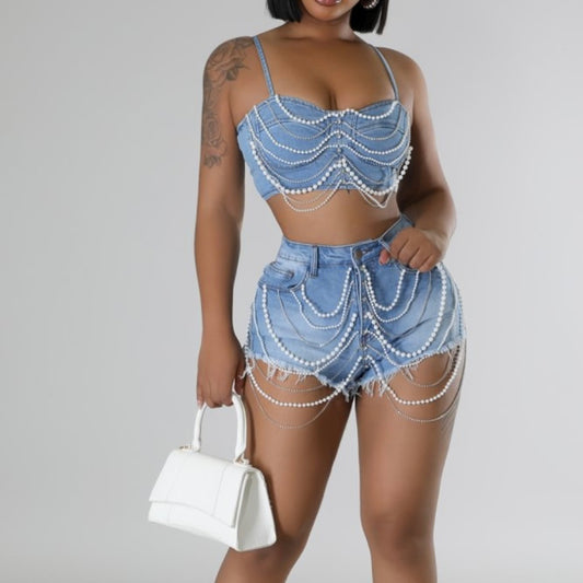 Pearl and Diamond Chain Denim Camisole Shorts Set