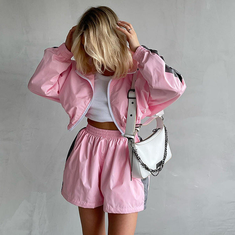 Stylish Long-sleeved Zip-up Sports Cardigan Jacket and Shorts Sports Casual Set