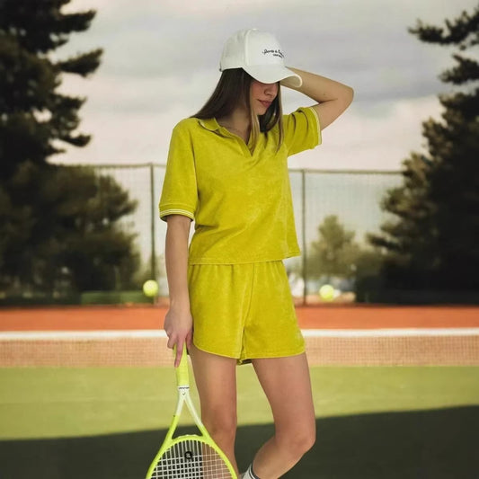 New Summer Polo Collar Short-sleeved Top and Wide-leg Shorts Casual Suit