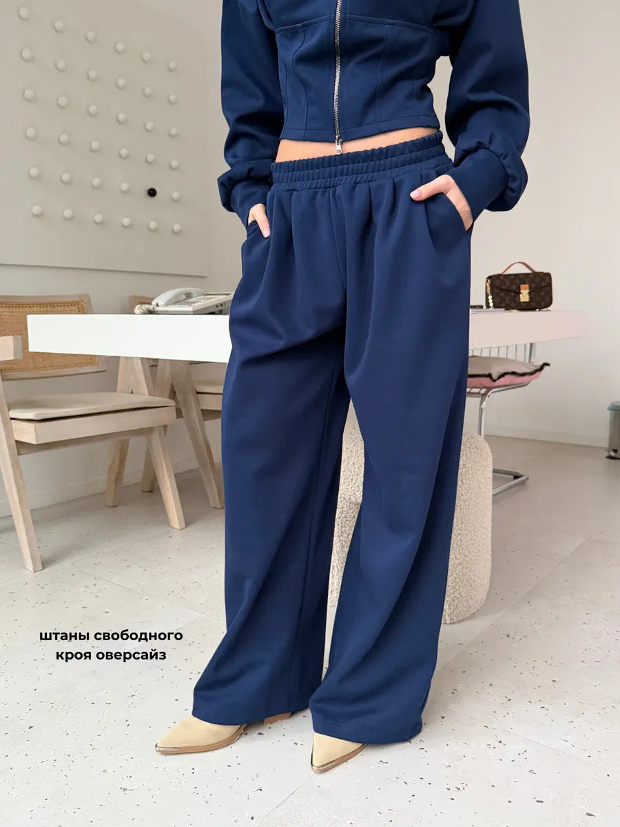 Solid Color Zip-up Cardigan Sweatshirt Loose Trousers Casual Suit
