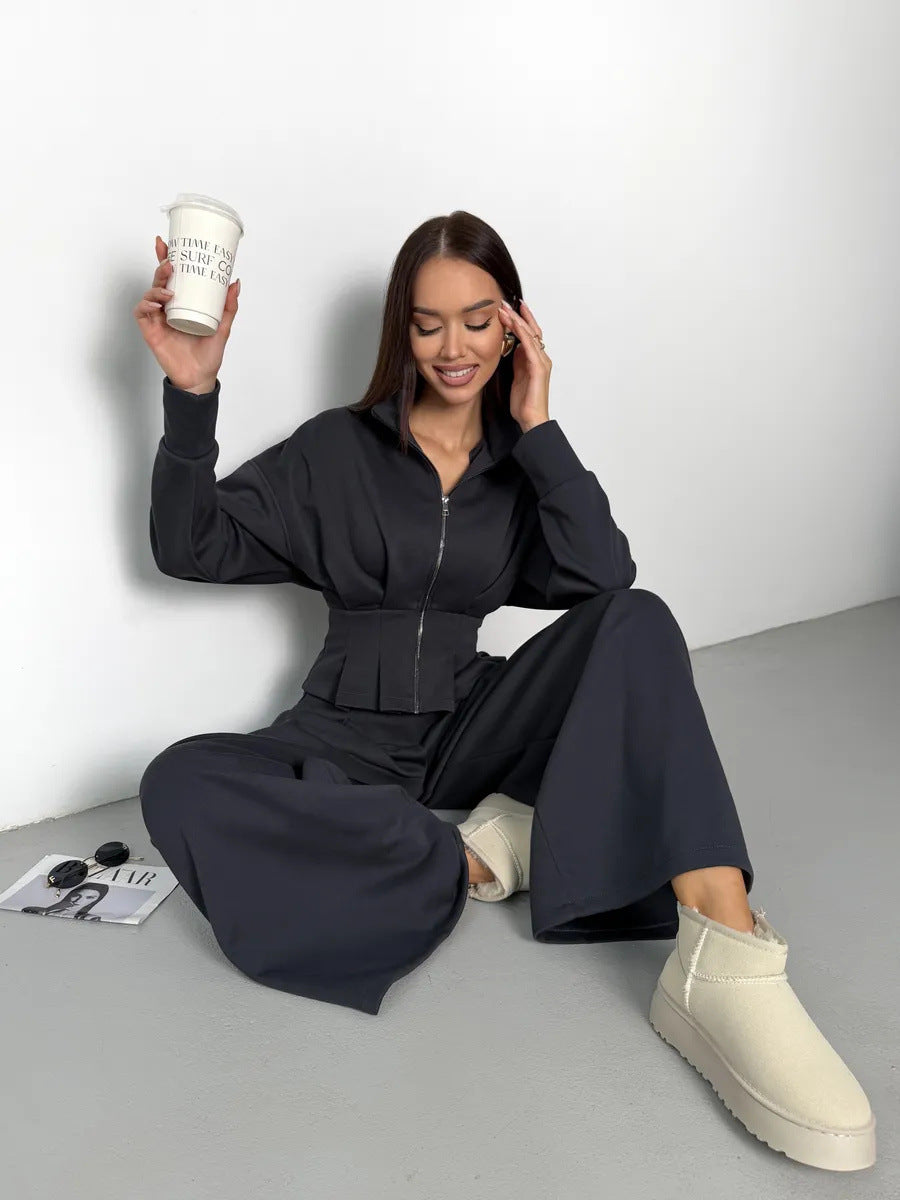 Stand-up Collar Long-sleeved Belted Sweatshirt and Casual Pants Set