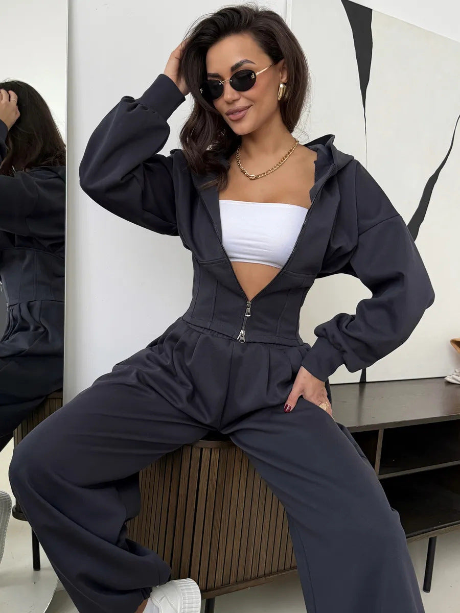 Solid Color Zip-up Cardigan Sweatshirt Loose Trousers Casual Suit