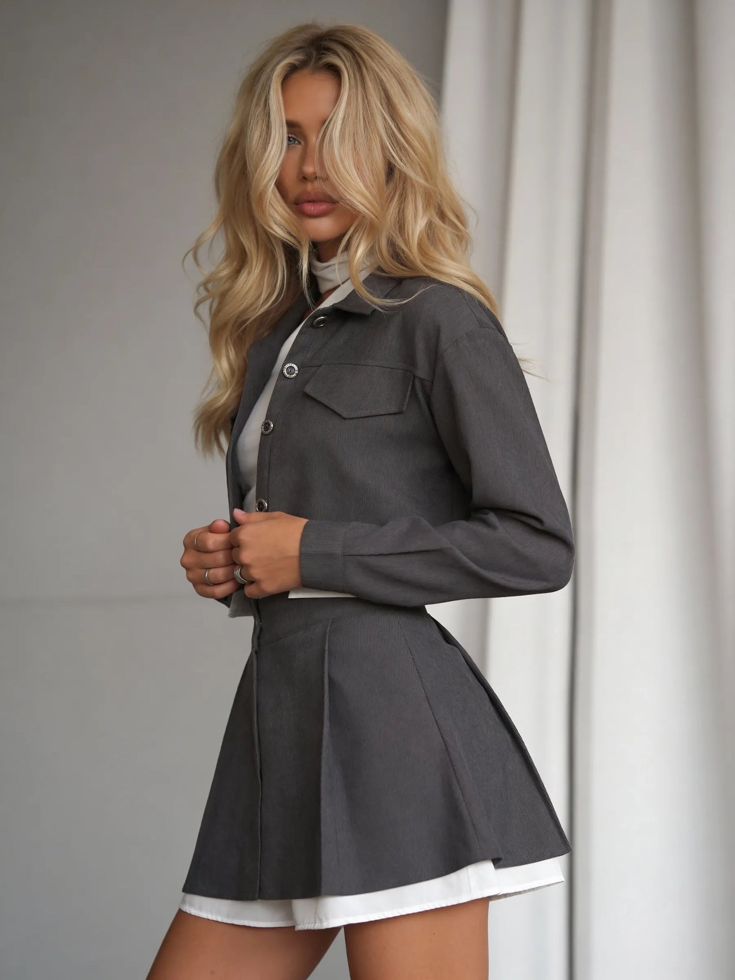 Faux Two-piece Spliced top and High-waisted A-line Skirt and Pants Set