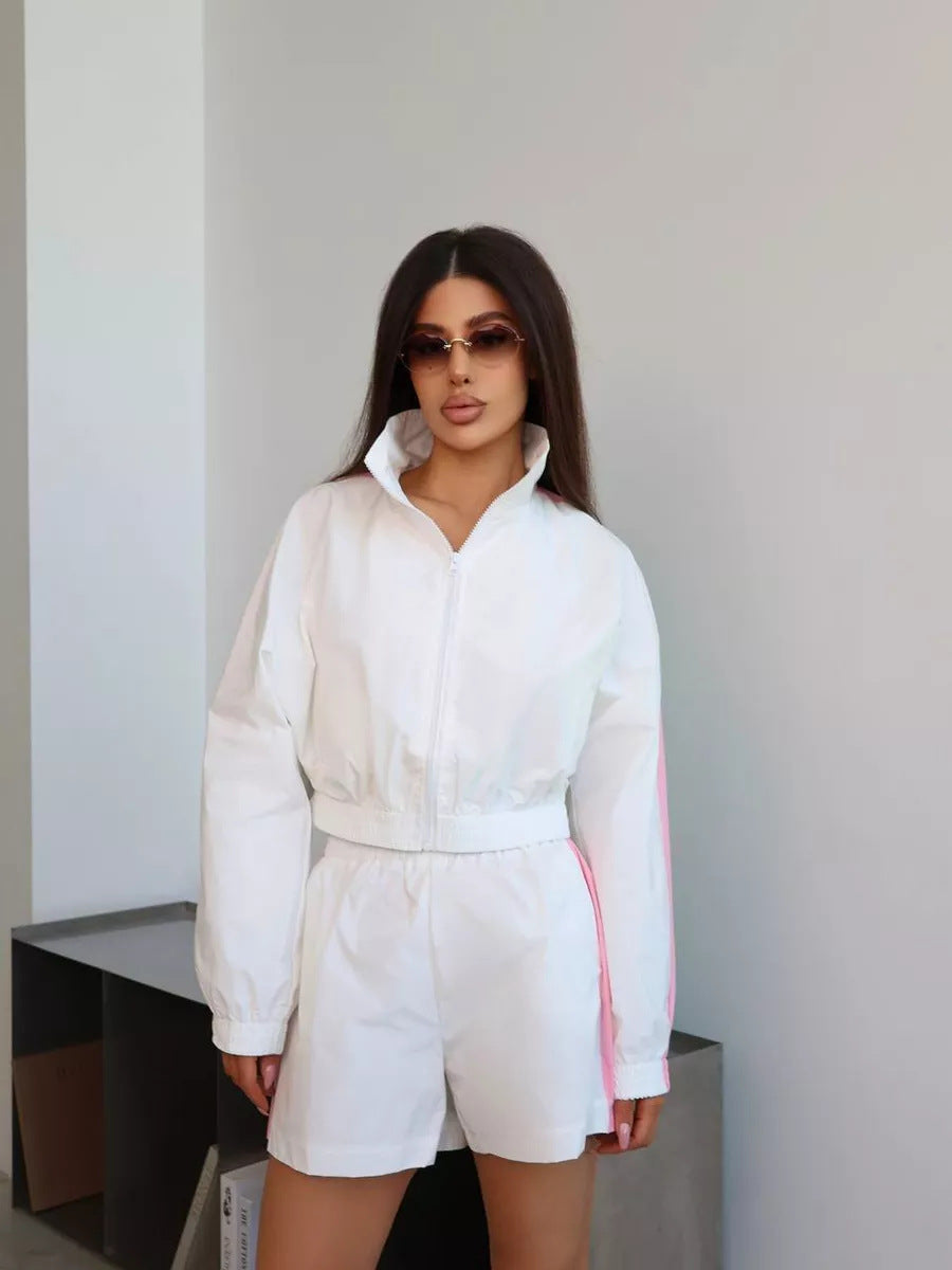 Stylish Long-sleeved Zip-up Sports Cardigan Jacket and Shorts Sports Casual Set