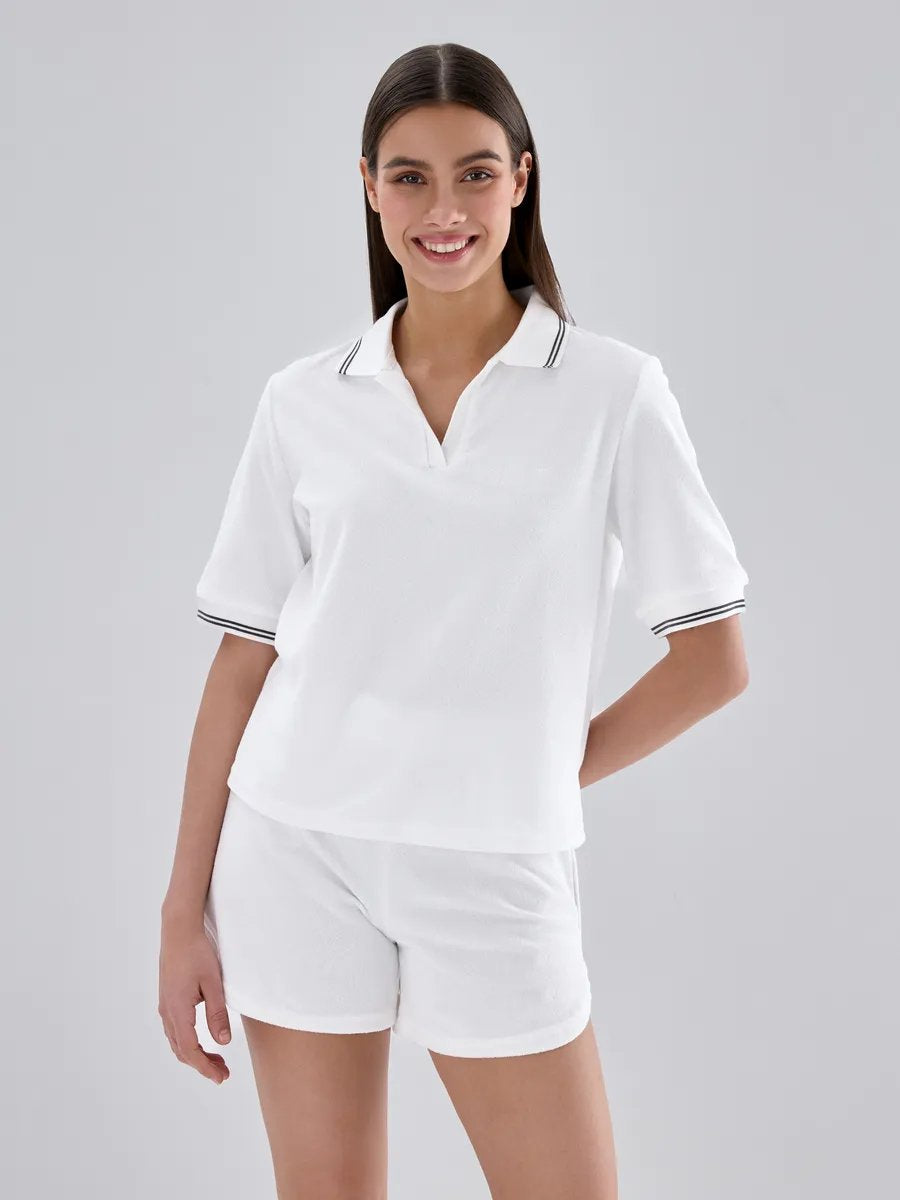 New Summer Polo Collar Short-sleeved Top and Wide-leg Shorts Casual Suit