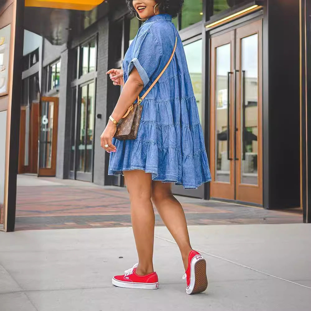 Short-sleeved Lapel Single-breasted Multi-button Casual Denim Dress