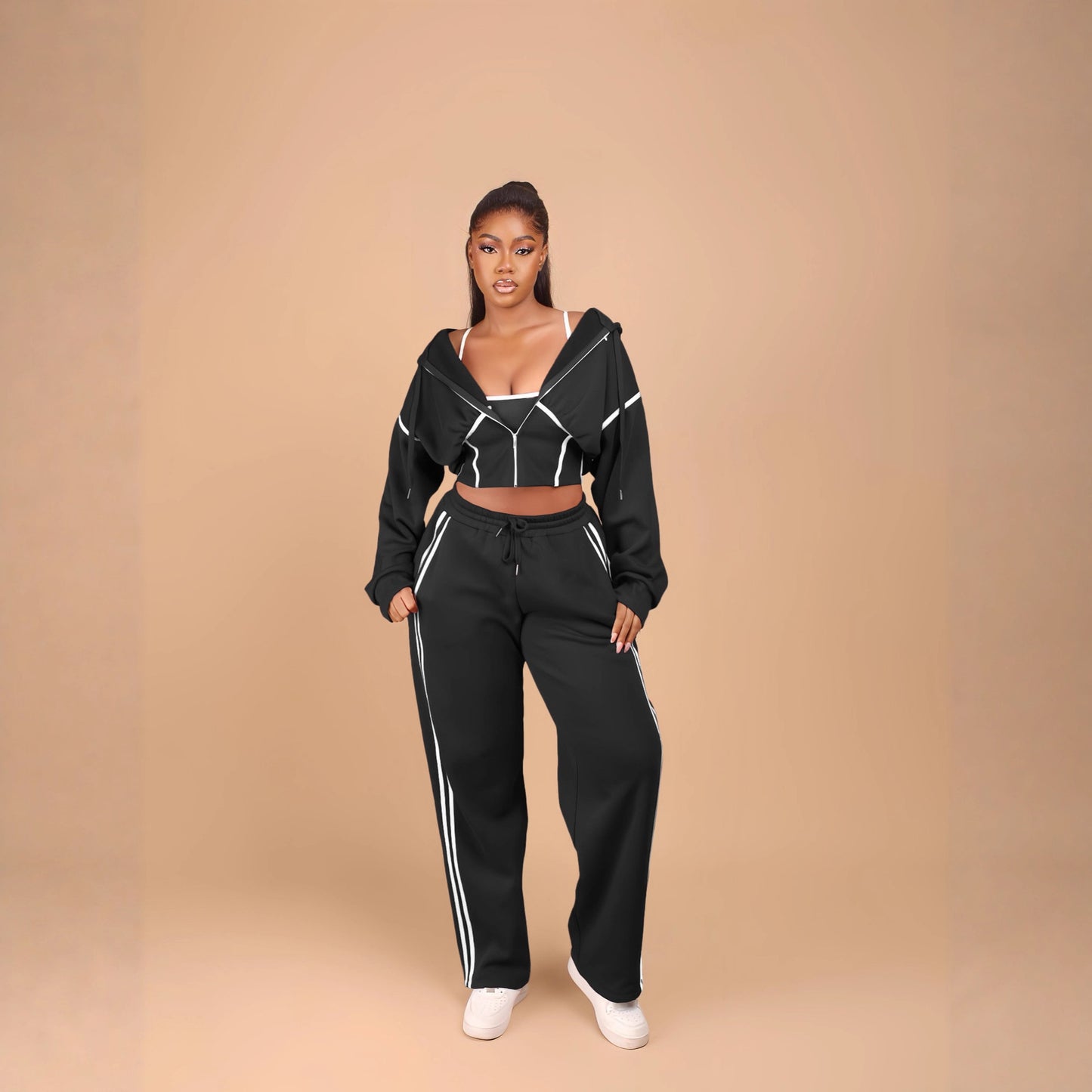 Fashionable Patchwork Hooded Sweatshirt Sports Casual Three-piece Suit